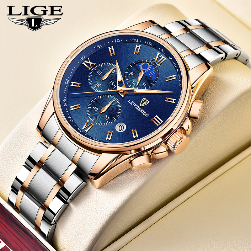 LIGE Luxury Fashion Original Men Sports Wrist Watch Rose  Gold Quartz Steel Waterproof Military  Clock Watches Relogio Masculino