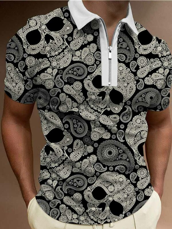 Polo de manga corta con estampado geométrico para hombre, camiseta informal con solapa de retales, diseño de cremallera, ropa de calle para hombre 2022
