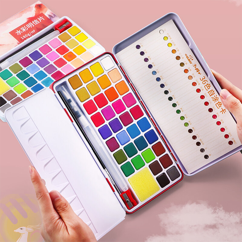 Conjunto portátil de tinta aquarela sólida com 36 cores, 8 peças, conjunto de pigmentos com paleta de caixa de metal, pincel de tinta, lápis de papel, materiais de arte