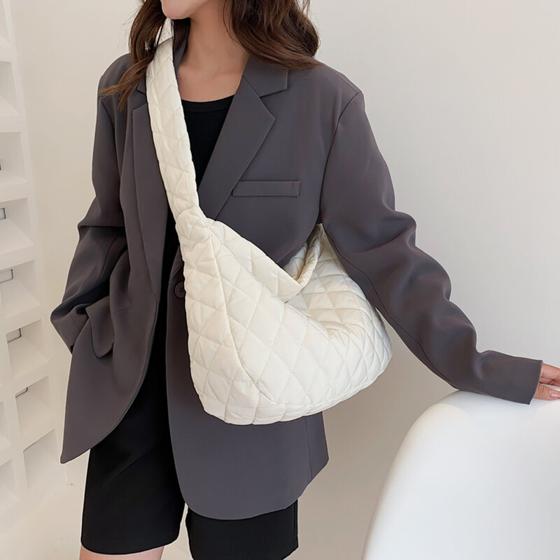 Fashion Lattice Pattern Shoulder Bags Space Cotton Handbags Women Large Capacity Tote Bags Ladies Quilted Padded Crossbody Bags