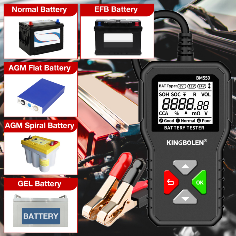 KINGBOLEN BM550 testeur de batterie de voiture 6V 12V 24V 100-2000 CCA 2Ah-220Ah système de batterie détecter analyseur de batterie automatique outil de batterie de voiture PK KW208