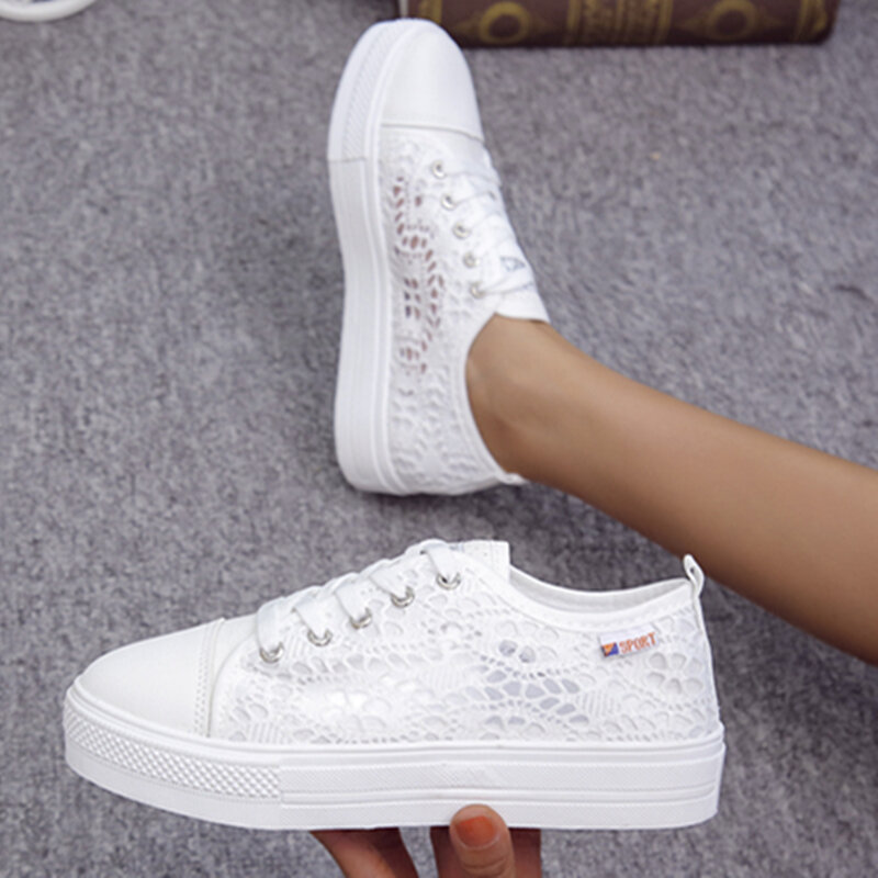 Sapatos femininos 2020 moda verão casual sapatos brancos recortes rendas lona oco respirável plataforma sapatos lisos mulher tênis