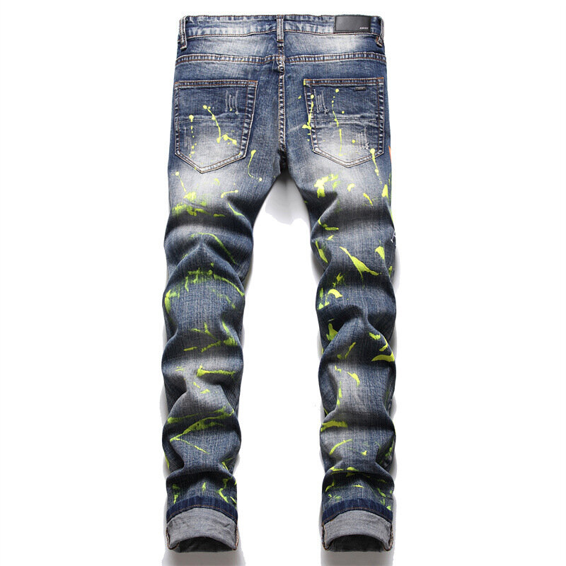 Męskie farby haftowane dżinsy 2022 nowa wiosenna dopasowana spodnie rozciągliwe Hip Hop niebieskie spodnie Mid-rise spodnie typu Casual