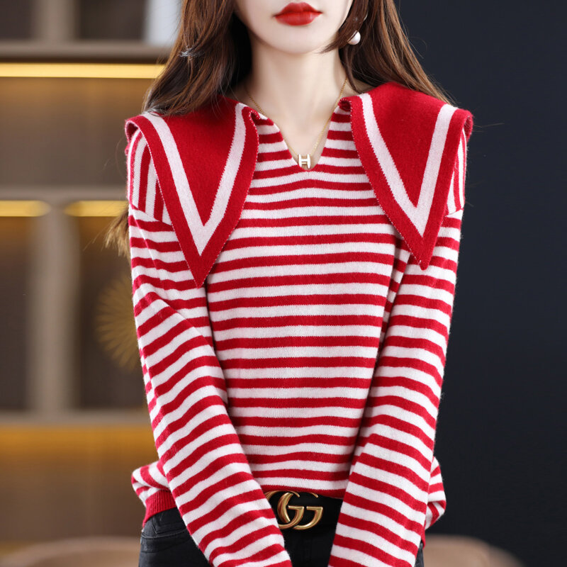 Wool Knitted Sweater Women's Pullover Autumn Winter 2022 New Design Small Heart-Collar Striped Loose Long-Sleeved Bottoming Tops