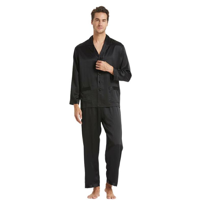 100% conjuntos de pijamas de seda do homem 19 momme amoreira luxo mangas compridas entalhado colarinho roupas masculinas 2 peças conjuntos de roupa de noite