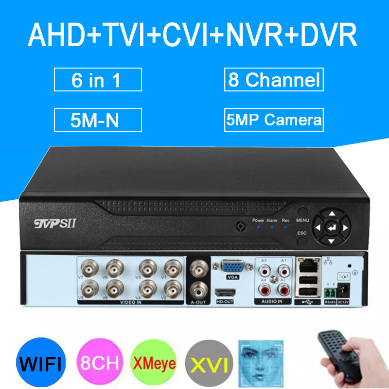 كاميرا تلفزيونات الدوائر المغلقة 5mp H.265 + XMeye الصوت كشف الوجه 5M-N 8CH 8 قناة 6 في 1 الهجين واي فاي Onvif NVR TVI CVI AHD نظام DVR