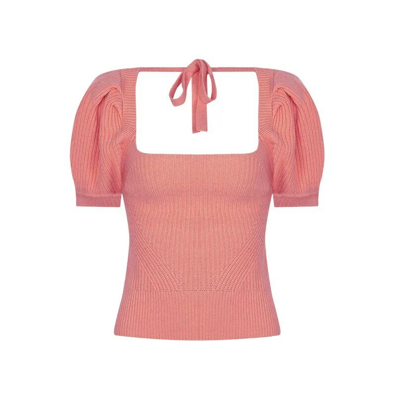 Top tricoté à manches courtes pour femme, col carré, encolure carrée, vêtement basique, doux, printemps, hiver