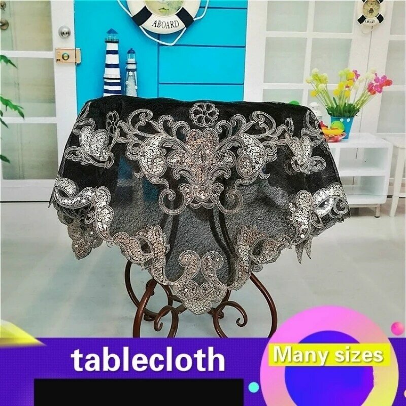 Luxury European American Style Lace Sequin Embroidery Black Square Tablecloth Coaster Dust Cover Cloth Christmas Toalha De Mesa