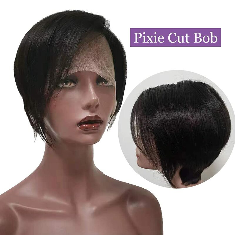Perruque Bob Lace Front Wig naturelle courte, cheveux lisses, coupe Pixie, pre-plucked, avec Baby Hair, naissance des cheveux naturelle, pour femmes noires