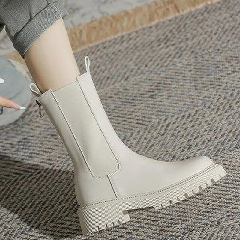 Luxury Women's Boots Winter Fleece Fashion Shoes Warm PU Material Mid Tube Zipper Light White British Style For Women's Boots