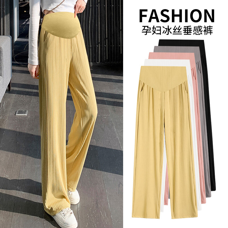 763# Summer Ice Cool Maternity Long Pants Wide Leg Loose Straight Belly Clothes for Pregnant Women Street Ins Pregnancy Trousers