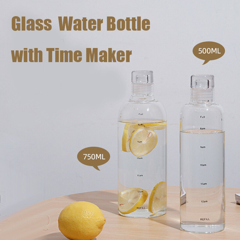 Botella de vidrio de gran capacidad con marcador de tiempo, transparente, a prueba de fugas, resistente al calor con cubierta, zumo de leche, regalo de cumpleaños, 500/750ml