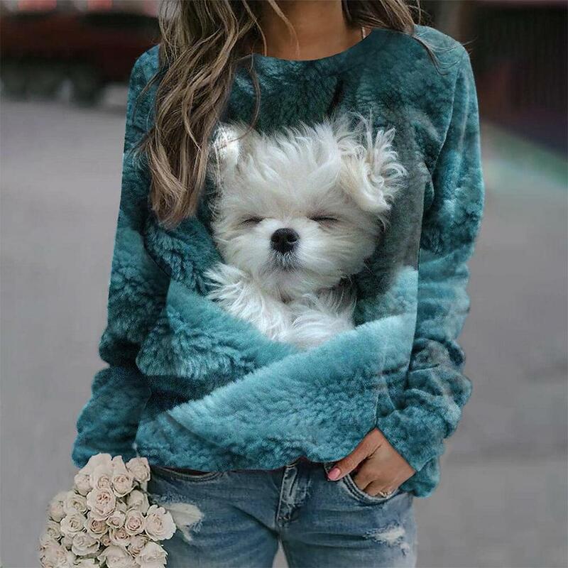 Suéter de algodón para mujer, camiseta de manga larga con estampado de cachorro, ropa informal de calle Harajuku