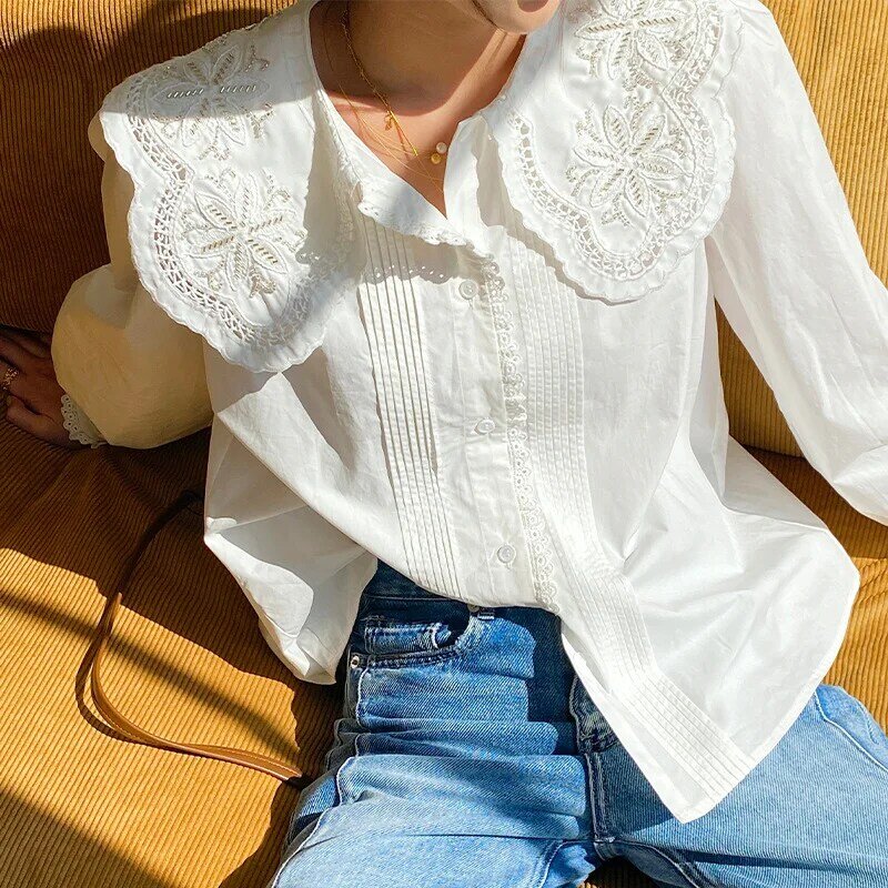 Kaus Putih Lengan Puff Musim Semi 2023 Blus Wanita Kerah Boneka Kerut Pakaian Kerah Boneka Lengan Panjang Atasan Kemeja Kerah Bermanik-manik