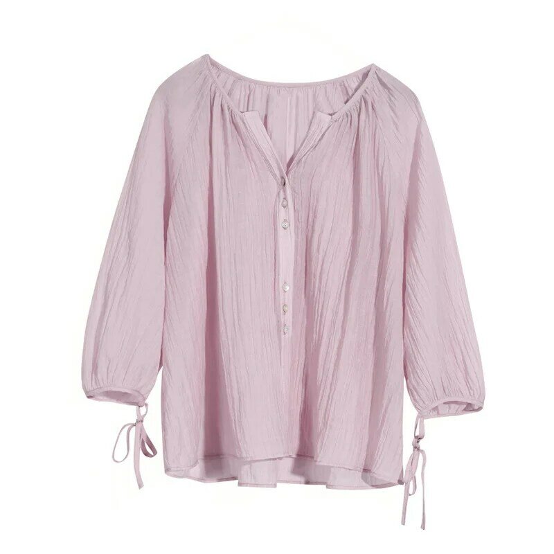 Camisas de verano para mujer, blusa rosa de manga larga abotonada transparente, Tops bonitos, ropa elegante de estilo chino, 2022