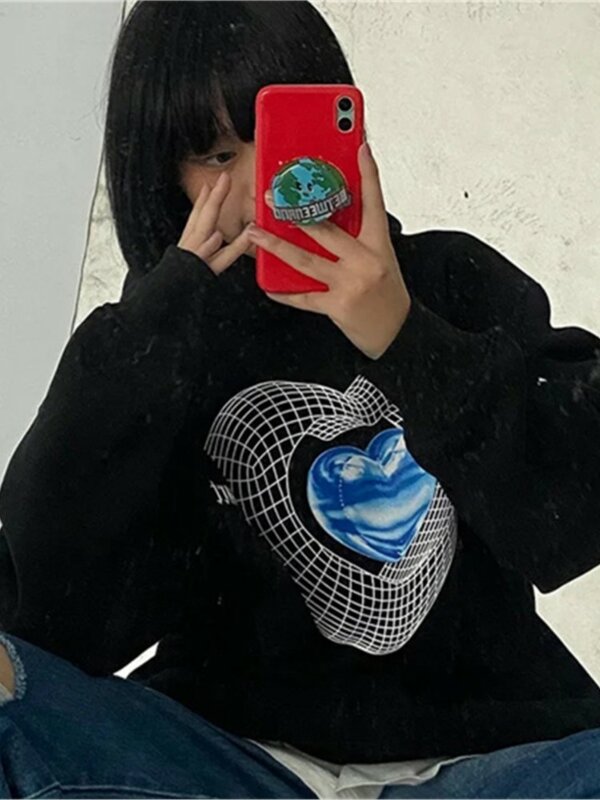 Frauen Sweatshirt Korea Ulzzang Casual Mode Vintage Herz Druck Langarm Winter Hip Hop Harajuku Streetwear Sweatshirt
