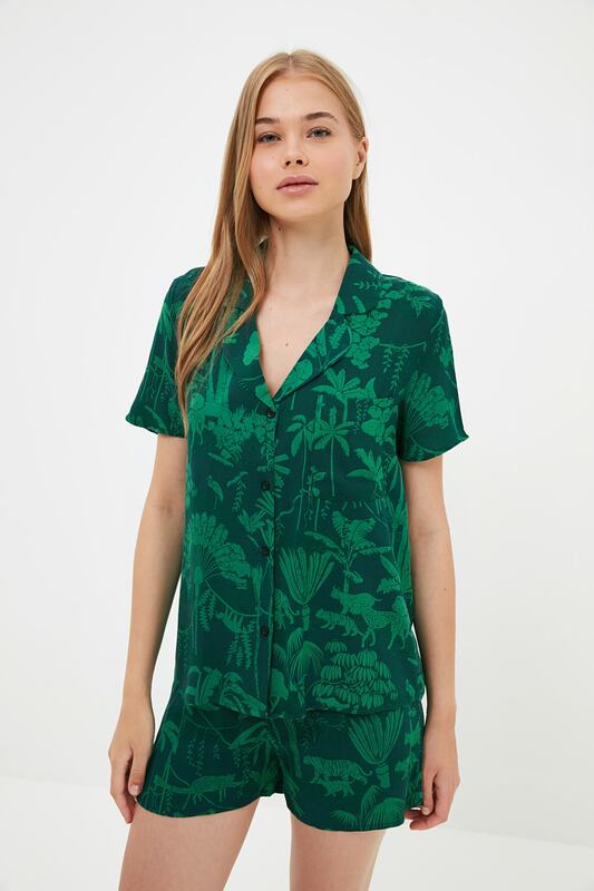 Modny tropikalny nadruk tkany piżam zestaw THMSS21PT1032