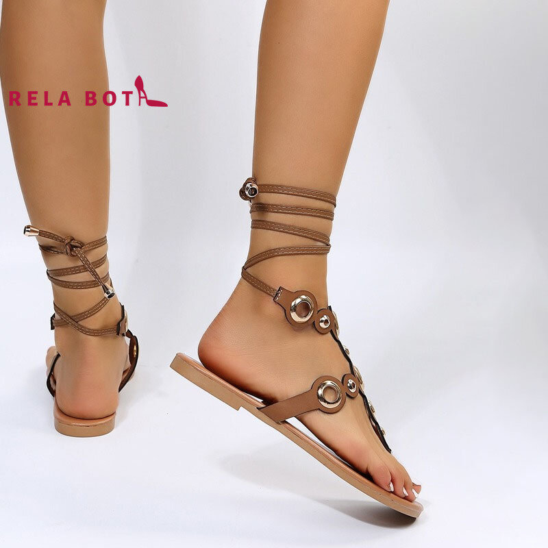 2022 New Flat Heel Strap Hollow Sandals Fashion Metal Clasp Toe Sandals Round  Hollowed-out Strappy Sandals Casual Elastic Band