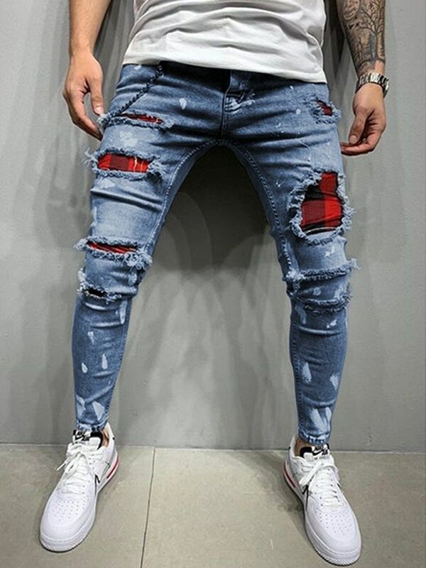 Jeans skinny déchirés pour hommes, coupe couvertes, bleu, hip hop, jeans décontractés pour hommes, jogging, combattant, fjCasual, 3 styles