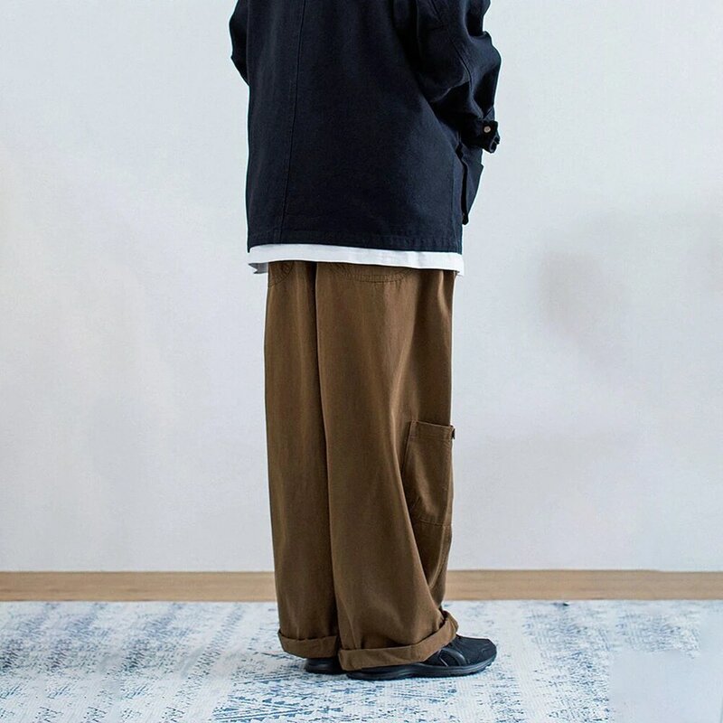 Tuta da uomo Street Hip-hop tinta unita Y2K stile giapponese Multi-tasca alla moda Casual allentata dritta a gamba larga