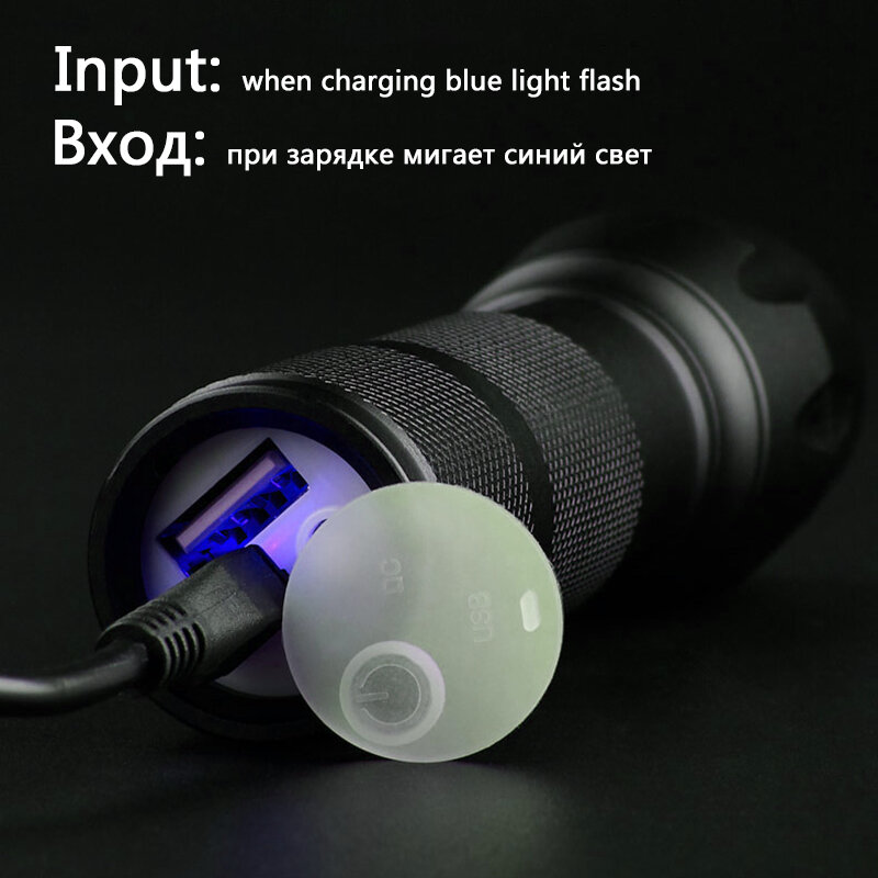 Linterna LED recargable por USB con LED T6/L2 incorporado, batería de litio de 1200mAh, resistente al agua, luz de camping con zoom