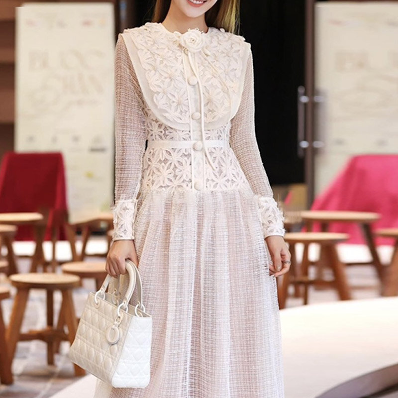 Luksusowe koronki sukienka morelowa dla kobiet 2023 wiosna długa elegancka imprezowa haftowany kwiat damska odzież Vintage jesień