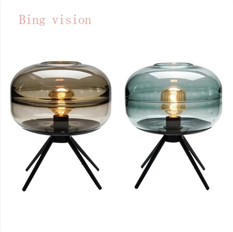 2022 neue Lámpara de mesa de cristal americana, moderna, creativa, para mesita de noche, marrón, azul, Gris, soporte de hierro