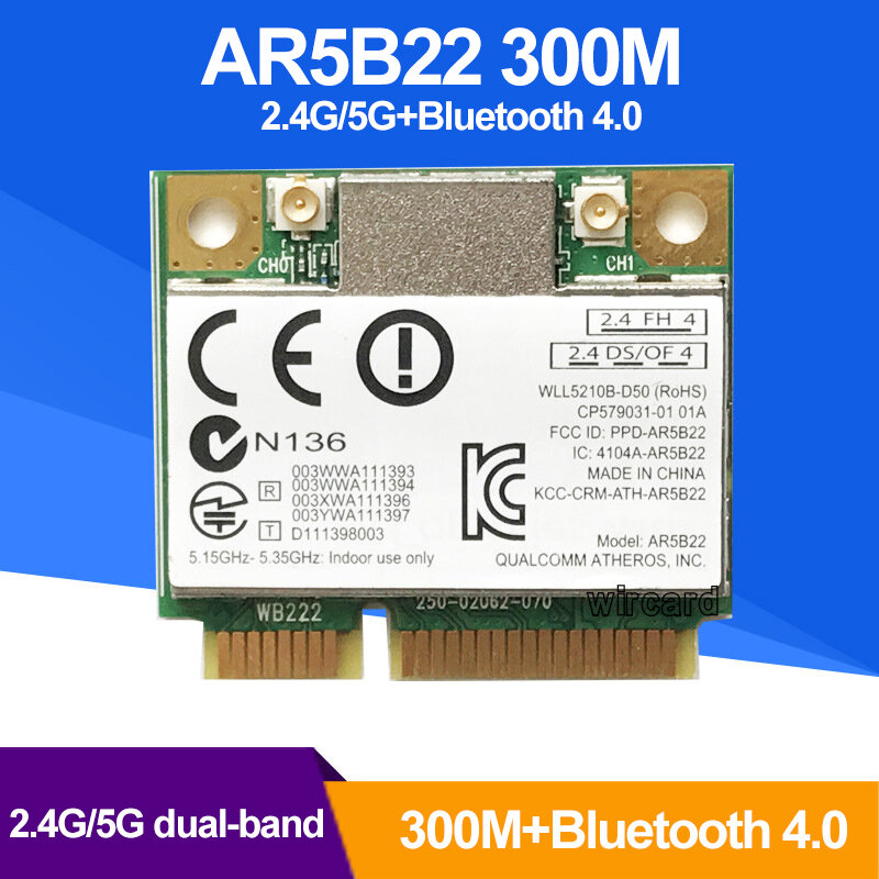 Cartão sem fio para ATHEROS, Mini PCI-E, Wi-Fi, Bluetooth 4.0, AR5B22, AR5B225, 300 Mbps, 2.4GHz, 5GHz, 802.11A, b, g, n