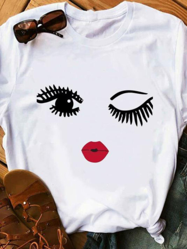 Camiseta con estampado 3D de pestañas y labios rojos para mujer, blusa holgada de manga corta con cuello redondo para mujer, ropa para mujer
