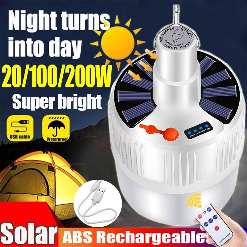 Перезаряжаемая лампочка, светодиодный портативный фонарь для кемпинга, внешнее освещение на солнечной батарее, освещение с дистанционным управлением, 60 Вт, 80 Вт, 100 Вт, лампа для палатки