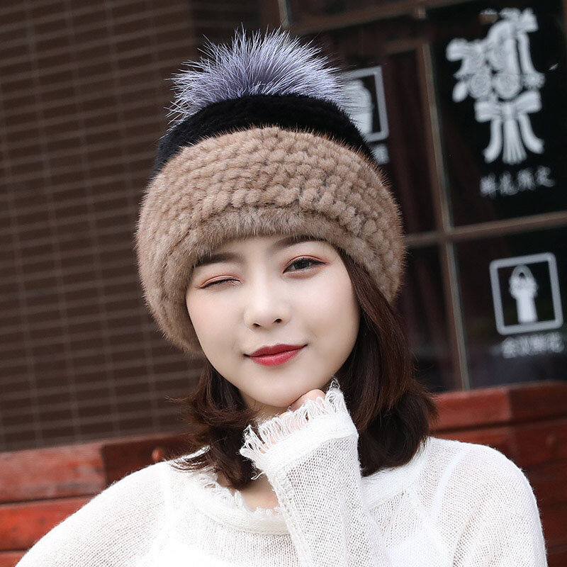 Mink Fur หมวกถัก Mink Beanies หมวกผู้หญิงหญิงสาว Solid Berets หมวก Lady Elegant ฤดูหนาวกลางแจ้ง Windproof อบอุ่นหมวก