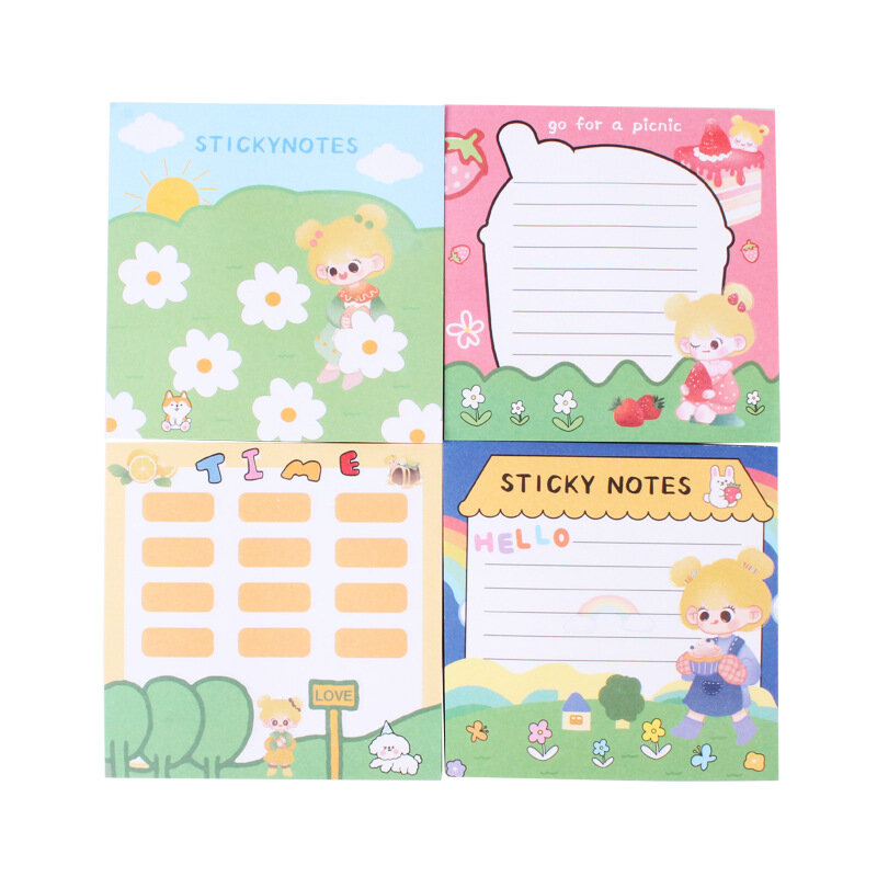 Korean Cartoon Sticky Note Cute Color Ins Cartoon Girl Pattern Office Planner Square Message Sticker School Memo Pads Stationery