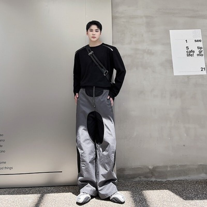 Chique calças casuais dos homens dupla camada buraco retalhos designer calças masculinas gey contraste preto zíper coreano hipiee roupas queda