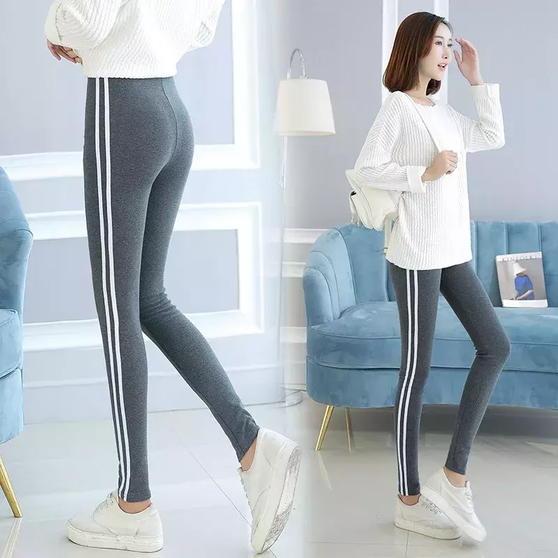 Lady blended cotton stripe leggings casual street outer active wear solid pant women stretch aderente pantaloni skinny legging