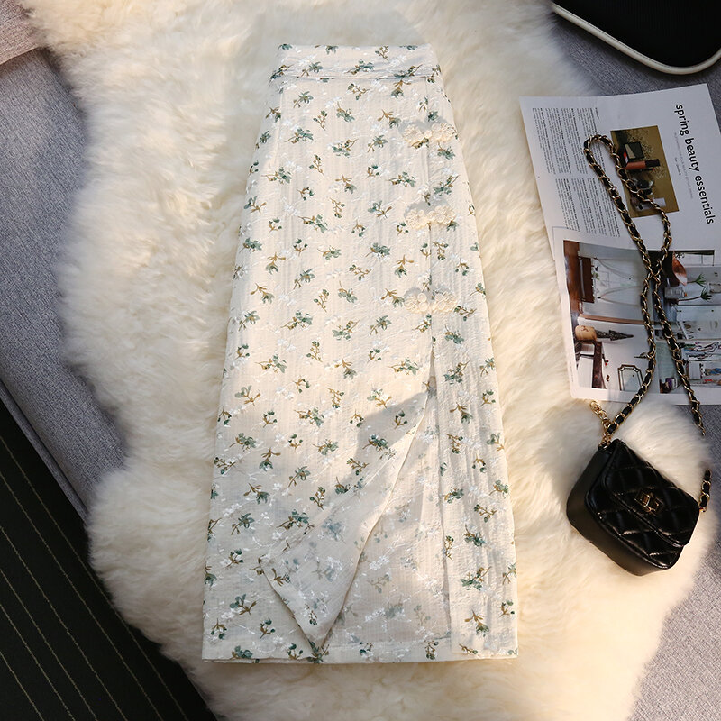 Wisher & tong saia feminina verão com fenda lateral altura da cintura uma linha longa saia floral moda coreana midi saias femme 2022 novo