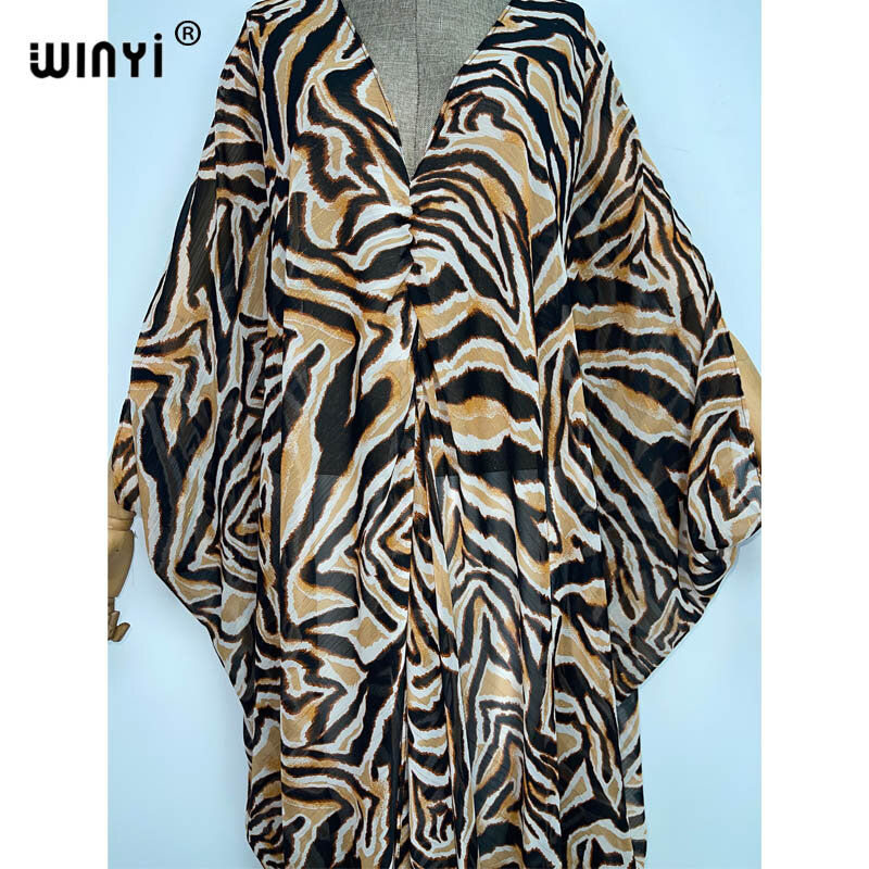 WINYI 2022 leopard print Bohemian Loose Summer Perspective, high fork sexy Dress Moroccan Kaftan Women free Size Beachwear Dress