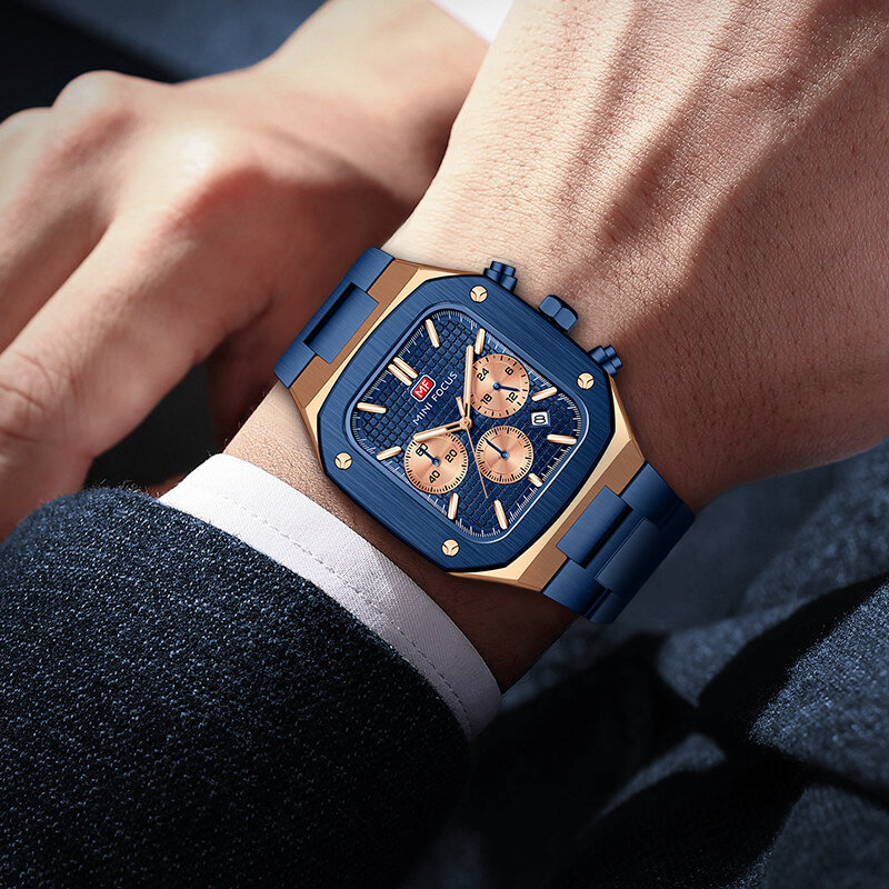 MINI FOCUS moda prostokąt Sport zegarek dla mężczyzn zegarki kwarcowe wielofunkcyjne sub-tarcze kalendarz pasek ze stali nierdzewnej zegar