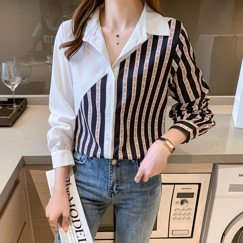 MQ167-Blusa de manga larga con rayas para Mujer, camisa con estampado, informal, a la moda, para otoño y primavera