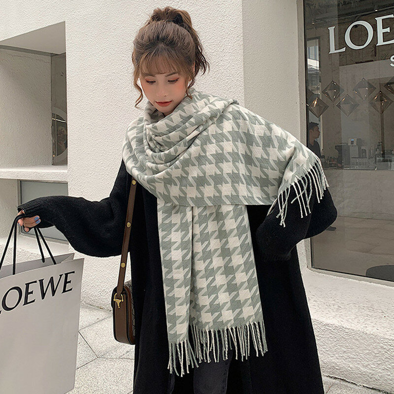 겨울 패션 하운드투스 프린트 캐시미어 스카프 여성용, 따뜻한 파시미나 담요 스카프, 여성 목도리, 두꺼운 풀라 부판다