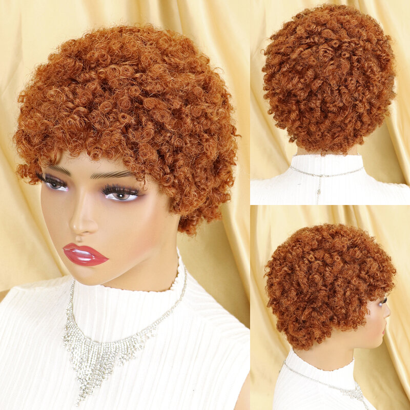 Peluca de cabello humano rizado Afro para mujeres negras, pelo corto Bob brasileño, completamente a máquina, corte Pixie