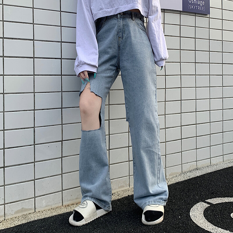 Główna ulica talia regulowane dżinsy Harajuku luźne dżinsy z szeroką nogawką 2022 jesień Retro zepsuty otwór Casual proste luźne jeansy