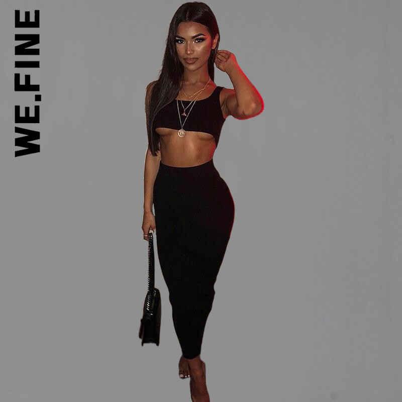 We.Fine Women Fitness Skinny Crop Tank Tops Long Pencil Skirt Soild Color Outfit Suit 2 Piece Summer Clothes Casual 2pc Sets
