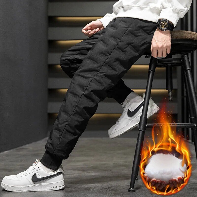 2022 inverno novo pato branco para baixo acolchoado engrossar calças casuais inverno quente dos homens moda moletom calças térmicas M-5XL mais tamanho