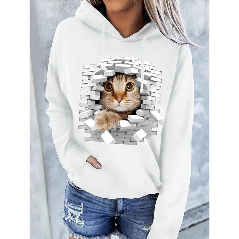 Kaus Wanita Mode 2023 Atasan Lengan Panjang Gambar Cetak Kucing Baru Hoodie Wanita Kawaii Kasual Pakaian Pullover Ukuran Besar Longgar Y2k