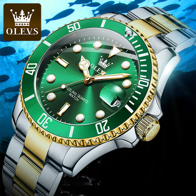 OLEVS كوارتز رجال الأعمال ساعة اليد الفولاذ المقاوم للصدأ حزام الغواصة عالية الجودة مقاوم للماء ساعة للرجال التقويم مضيئة