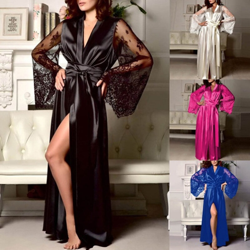 Womens nightdress sexy longo renda lingerie nightwear banho robe vestido imitação de seda gelo camisola de cor sólida capa-ups