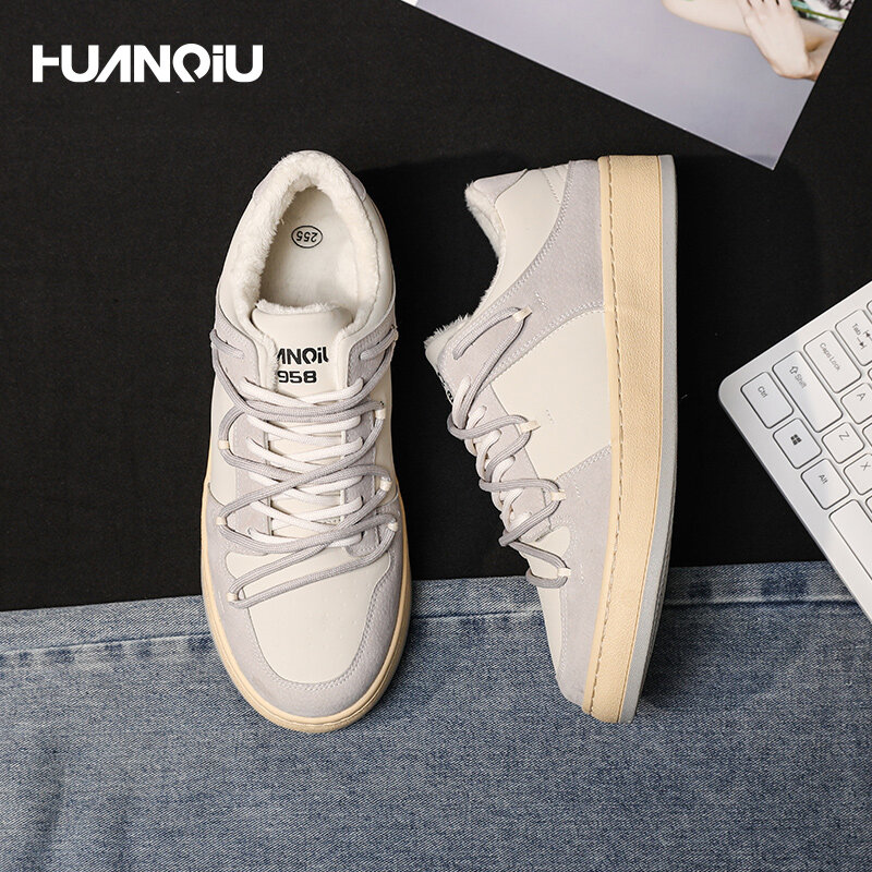 HUANQIU-스니커즈 디자인, 작은 흰색 플러시 레저 보드 신발, 남성 도덕적인 러닝화, 레이스업, 용해 디자인, 2021