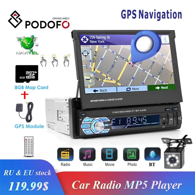 Podofo – Autoradio stéréo avec écran rétractable de 7 pouces, bluetooth, mirrorlink, GPS en option, lecteur multimédia, enregistreur cassette, 1 Din