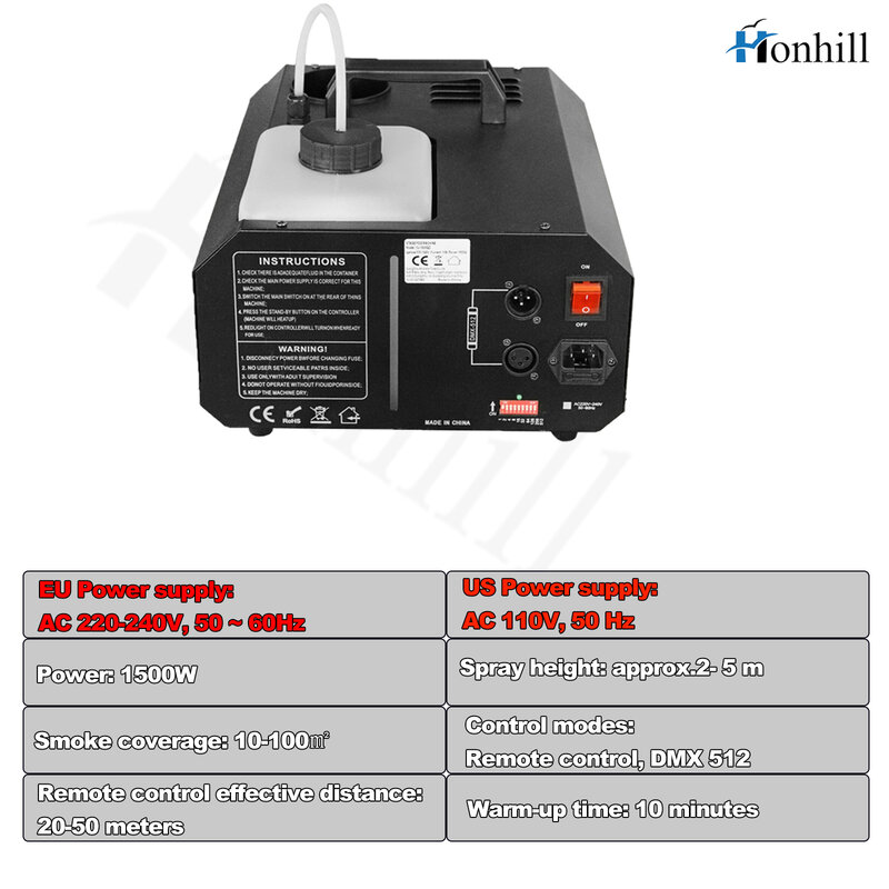 Honhill-máquina de humo de niebla DMX512, nebulizador inalámbrico de 1500W con Control remoto, nebulizador Upspray para escenario y discoteca