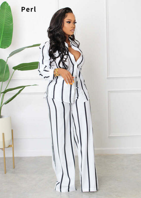 Perl Stripe Full Sleeve Top+straight Pant Suit Two Piece Sets Womens Outifits OL Office Female Clothing Ensemble Femme 2 Pièces